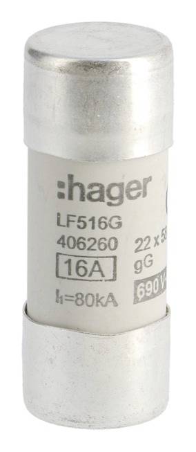 Sicherung mit der Aufschrift: 'hager LF516G 406260 16A 690V'. Zylinderform, metallischer Kontakt an beiden Enden.