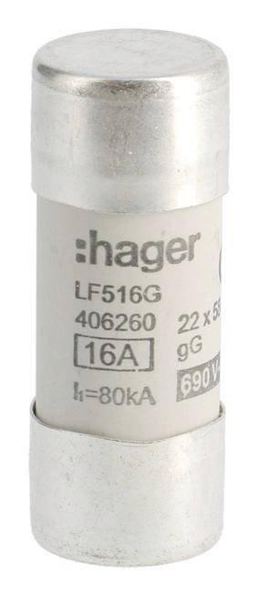 Sicherung Hager LF516G, 16 Ampere, 690 Volt. Zylindrische Form, weiße Beschriftung mit Produktspezifikationen.