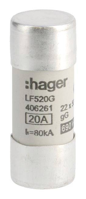 Sicherungseinsatz von Hager, Typ LF520G, 20A, 690V, geeignet für Kurzschlussströme bis 80kA.