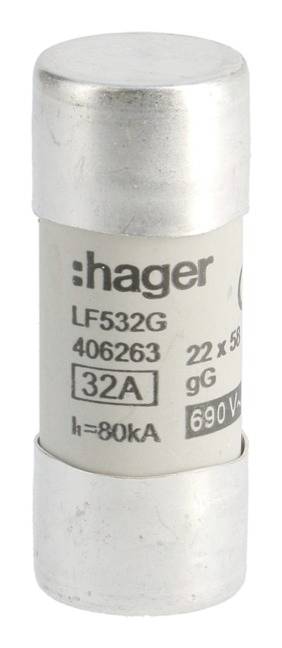 Ein Hager NH-Sicherungseinsatz, Modell LF532G, mit 32A Nennstrom und 690V Spannung.