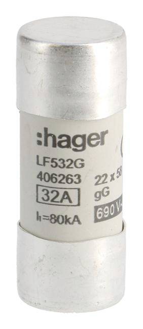 Sicherungseinsatz von Hager, Modell LF532G, 32A, 690V, mit den Abmessungen 22x58mm.
