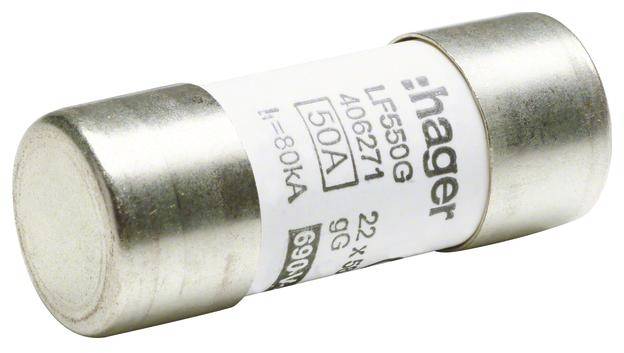 Eine zylindrische Sicherung der Marke Hager, Modell LF550G, mit Aufschrift '50A' und '690V', geeignet für hohe elektrische Lasten.