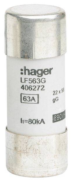 Eine weiße zylindrische Sicherung mit Metallkappen. Markierung zeigt: 'hager LF563G 406272', '63A', '22 x 58', und '690V'.
