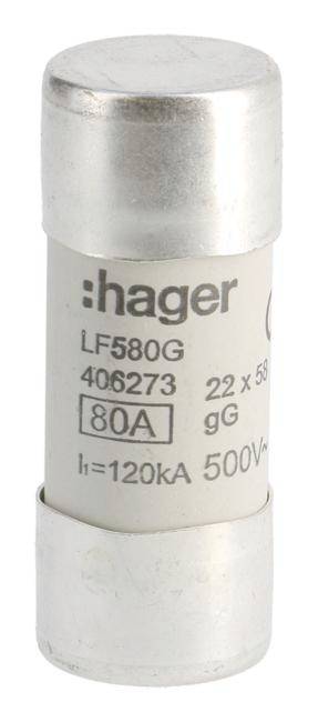 Sicherung mit der Aufschrift 'hager LF580G 406273 80A 500V'. Zylindrische Form, hauptsächlich weiß mit silbernen Kappen.