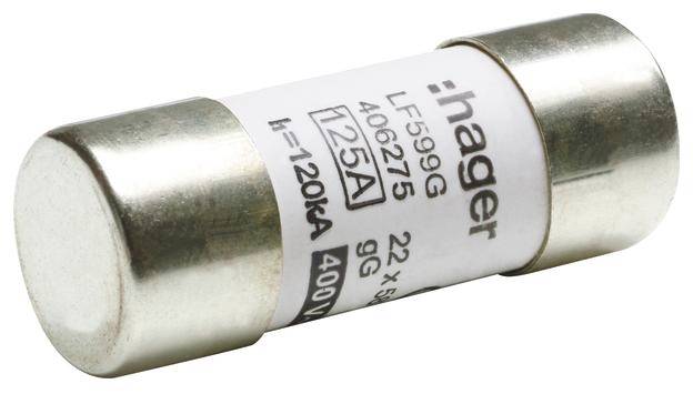 Ein zylindrische elektrische Sicherung von der Marke Hager mit der Aufschrift '125A 400V'.