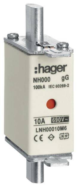 NH000 gG Sicherung von Hager, 100kA, IEC 60269-2, 10A, 690V~. Modellnummer: LNH00010M6.
