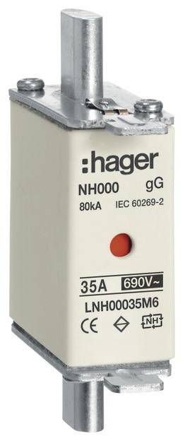 Sicherungseinsatz von Hager, Typ NH000 gG, 35A, 690V. Erfüllt IEC 60269-2 Standard, 80kA Strombegrenzung, symbolisiert Schutzfunktion.