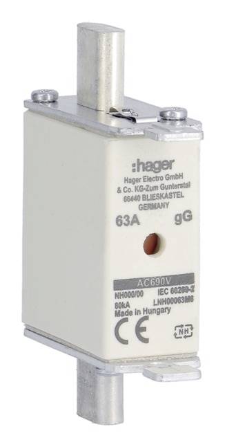 Ein zylindrischer Sicherungseinsatz mit Metallanschlüssen, beschriftet mit 'Hager, 63A, gG', verwendet zur elektrischen Absicherung.