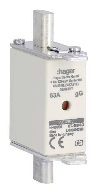 Ein typischer NH-Sicherungseinsatz der Marke Hager mit einer Stromstärke von 63A, geeignet für elektrische Schutzanwendungen.