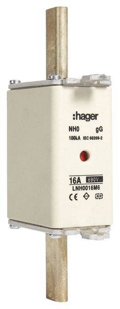 NH-Sicherungseinsatz von Hager, Modell NH0 gG, 100A, IEC 60269-2, Spannung bis 690V, mit CE-Kennzeichnung.