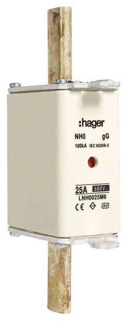 Industriesicherung von Hager, Typ NH0 gG, 25A, 690V, mit Kupferkontakten. Geeignet für Überstromschutz in elektrischen Anlagen.