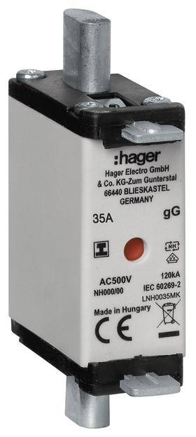 Sicherungseinsatz von Hager, 35A, mit rotem Indikator und technischen Spezifikationen aufgedruckt. Made in Hungary.
