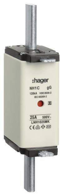 NH-Sicherungseinsatz von Hager, Modell NH1C, 25A, 500V, 120kA; für elektrische Schaltungen, rechteckige Form mit Metallkontakten.