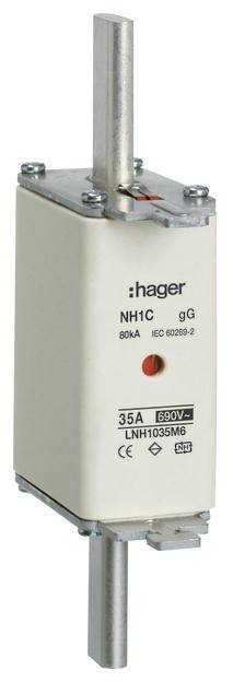 Sicherung von Hager mit Beschriftung 'NH1C gG', '80kA', 'IEC 60269-2', für 35A und 690V.