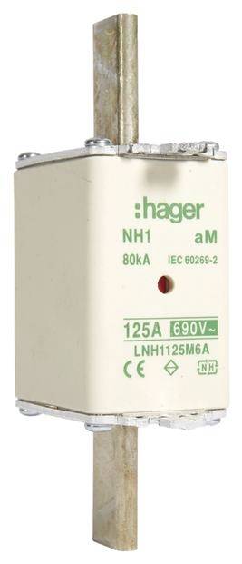 Sicherungseinsatz der Marke Hager, NH1 aM, Stromstärke 125A, Spannung 690V, normiert nach IEC 60269-2.