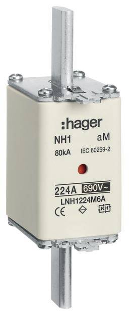 Bild eines NH1-Sicherungseinsatzes der Marke Hager, 80kA, IEC 60269-2, Spannung 690V, Nennstrom 224A.