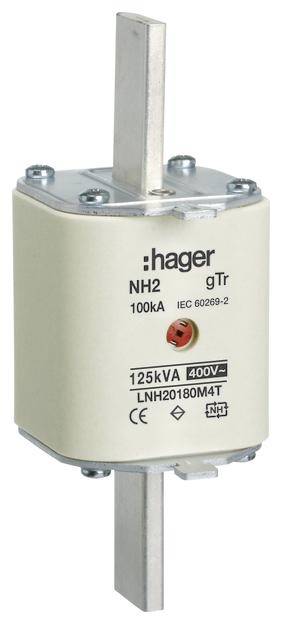 Eine NH-Sicherung von Hager, NH2 gTr 100kA, mit den Aufschriften '125kVA 400V' und 'LNH20180M4T'.