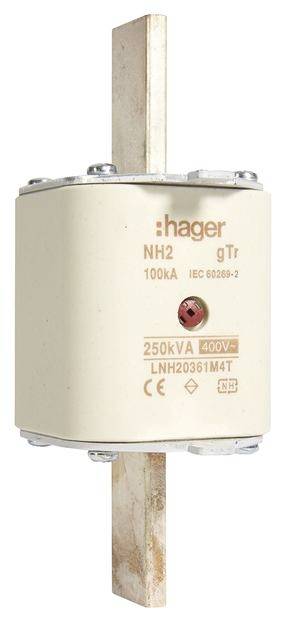 Eine NH-Sicherung von Hager mit der Beschriftung: 'NH2, 100kA, IEC 60269-2, 250kVA, 400V, LNH20361M4T'.