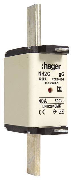 Eine NH-Sicherung von Hager, Modell NH2C, mit Nennstrom 40A und Nennspannung 500V, gekennzeichnet nach IEC 60269-2 und VDE 0636-2.