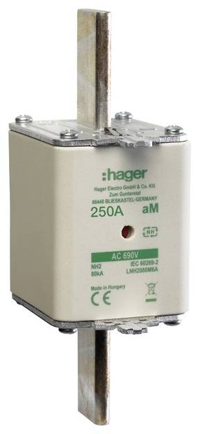 Elektrische NH-Sicherung mit der Aufschrift '250A' und Markennamen, verwendet zur Überstromschutz in elektrischen Anlagen.