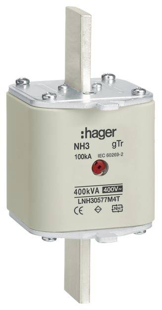 Eine NH-Sicherung der Marke Hager, Typ NH3 gTr, 100kA, geeignet für 400kVA, 400V, mit den Abmessungen gemäß IEC 60269-2.