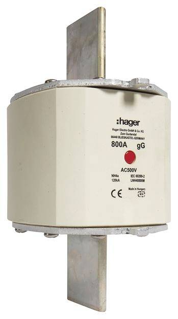 Hochspannungssicherung, 800A, 500V, von Hager. Zylindrische Form mit metallischen Anschlussstücken oben und unten.