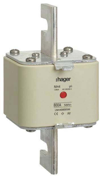 Industrieller Sicherungseinsatz von Hager mit Kennzeichnung '800A, 500V'. Rechteckiges Design mit Metallkontakten an beiden Enden.