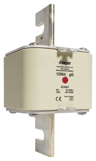 Sicherungseinsatz von Hager, Modell NH4. AC 500V, 1250A. Beige Gehäuse mit Metallkontakten, CE-Zeichen sichtbar.