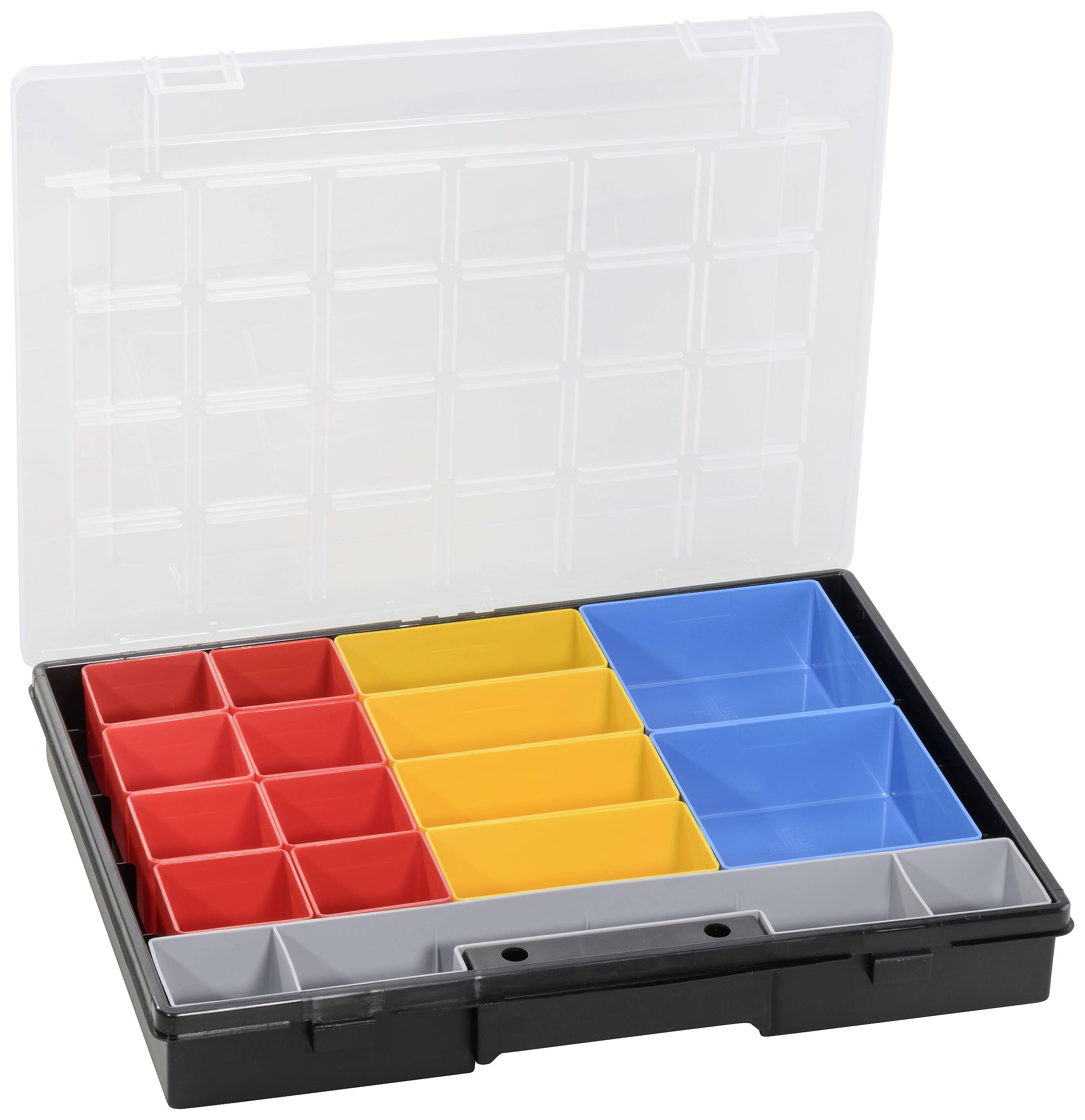 Sortierbox mit transparentem Deckel, enthält rote, gelbe und blaue Fächer in verschiedenen Größen.