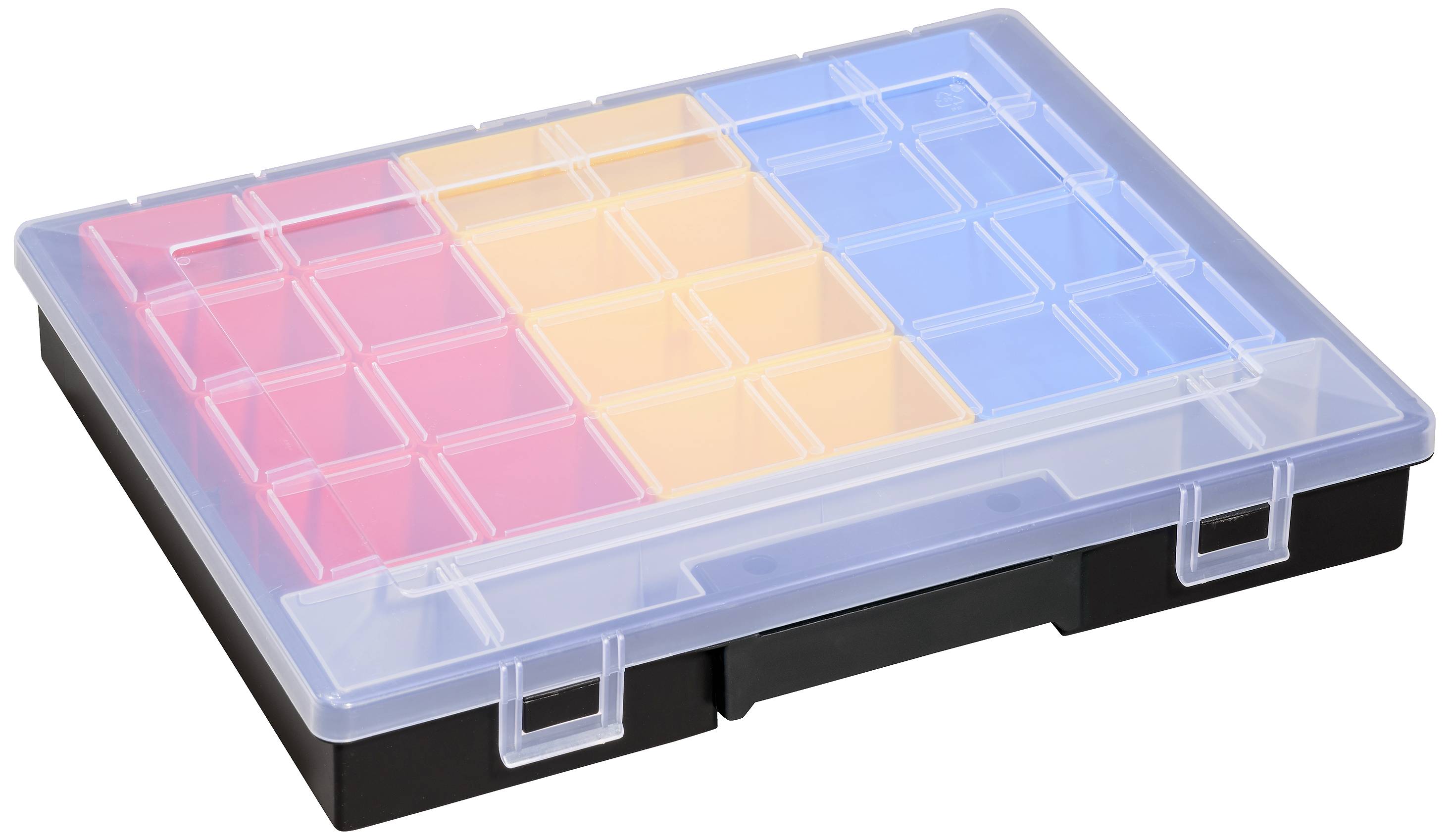Ein transparenter Kunststoff-Organizer mit gelben, roten und blauen Fächern zur Aufbewahrung von kleinen Gegenständen.