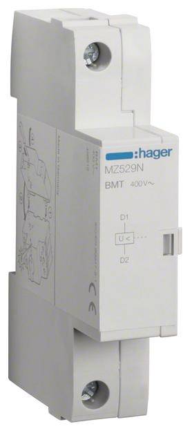 Einpoliges Gerät von Hager, Modell MZ529N, mit 400V Spannung. Es zeigt Symbolen und Diagrammen für elektrische Konfigurationen.