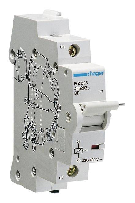 Einpoliges Schütz, Modell MZ 203 von Hager, zur Steuerung von elektrischen Lasten. Markierungen für Anschlüsse C1 und C2 sichtbar.