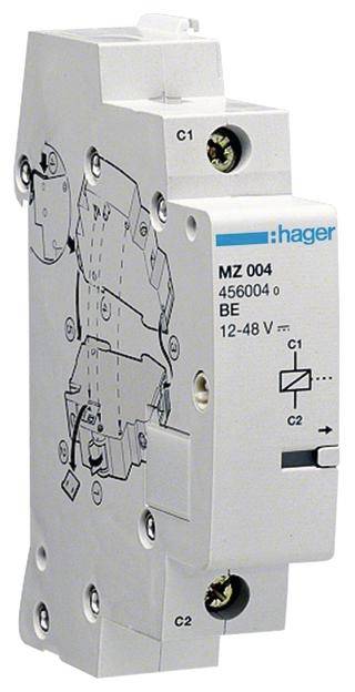Schütz MZ 004 von Hager, Modell 456004, geeignet für 12-48 V, mit schematischer Zeichnung der elektrischen Schaltung auf der Vorderseite.