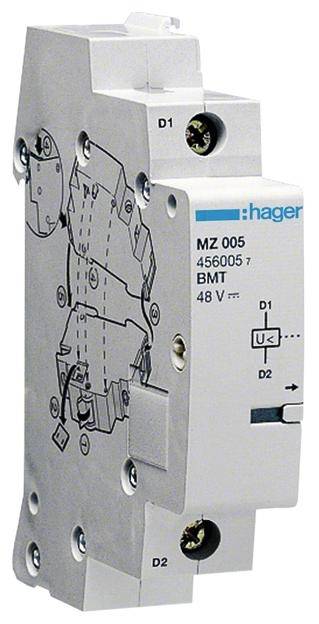 Ein elektrischer Schaltbaustein von Hager mit der Kennzeichnung 'MZ 005', geeignet für 48 V, zeigt technische Details auf der Vorderseite.