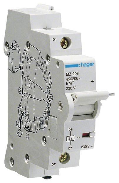 Ein zweipoliger, weißer elektrischer Schalter von Hager, Modell MZ 206, mit Beschriftungen und Grafiken, zur Installation geeignet.