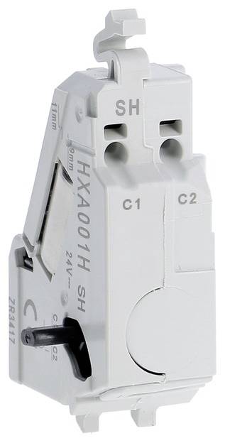 Ein weiß-grauer elektrischer Schalter mit den Markierungen 'C1', 'C2' und 'SH'. Anschlüsse und ein Hebel sind sichtbar.