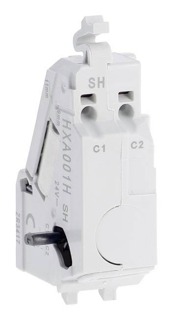 Ein weißer elektrischer Schalter oder Relais mit der Aufschrift 'HXA001H SH' auf der Seite. Oben sind zwei Anschlüsse mit Bezeichnungen 'C1' und 'C2'.