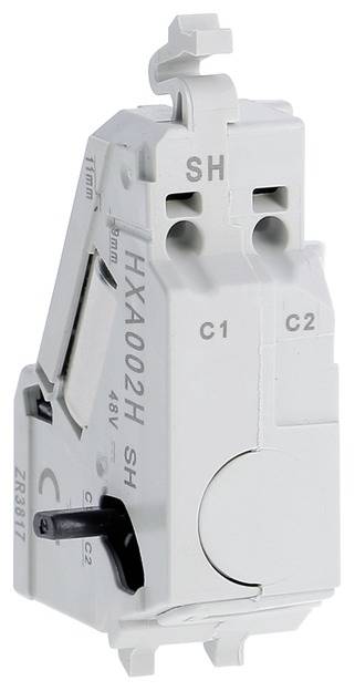 Ein weißer elektrischer Schalter mit der Modellbezeichnung 'HXA002H SH'. Der Schalter hat schwarze und silberne Details.