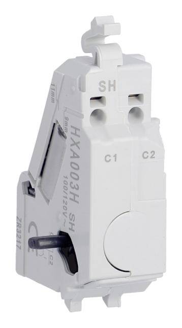 Ein weißer mechanischer Schalter mit schwarzem Hebel und Aufschrift 'HXA003H SH'. Er hat zwei Anschlüsse, markiert mit 'C1' und 'C2'.