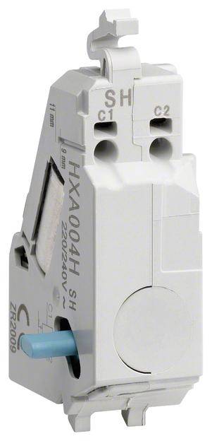 Ein weißer Elektroschaltermodul mit blauem Hebel und Aufschrift 'HXA004H SH', geeignet für 220/240V. Zwei Anschlüsse oben (C1, C2).