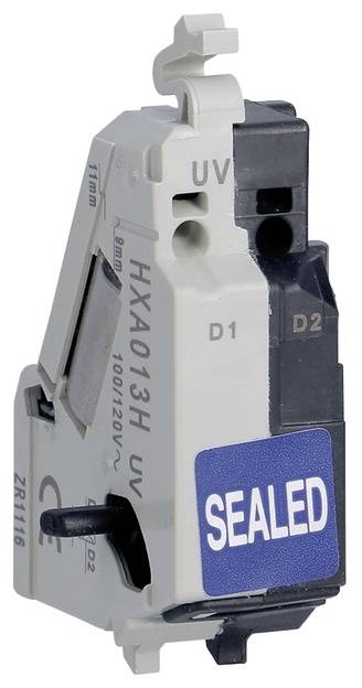 Ein weißer elektrischer Schalter mit der Aufschrift 'SEALED' in Blau. Beschriftungen umfassen 'HXA013H' und 'UV'.