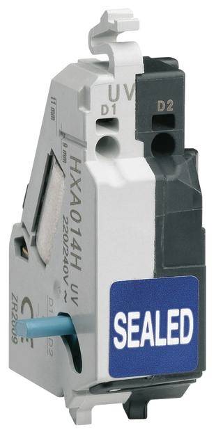 Schaltgerät mit blauem Siegel-Aufkleber, Modell HXA014HJ UV, für 220-240V. Es hat zwei Befestigungspunkte und eine sichtbare Sicherung.