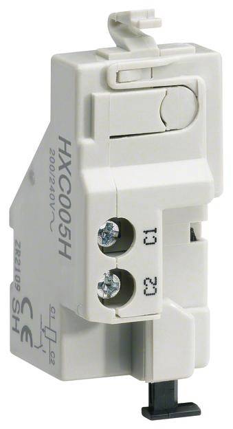 Ein weißes elektrisches Relaismodul mit der Aufschrift 'HX005H' und Kennzeichnungen für Spannung und Stromstärke, zwei Anschlüsse sichtbar.