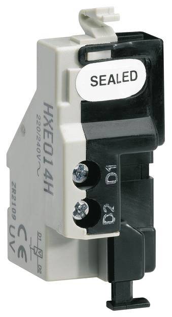Ein graues elektrisches Bauteil, gekennzeichnet mit 'SEALED'. Markierungen: HXE014H, 220/240V, CE-Zertifikat. Schraub- und Drahtkontakte sichtbar.