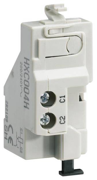 Ein weißes elektrisches Relais mit der Aufschrift 'HXÇ004H', zeigt Anschlüsse und CE-Kennzeichnung.
