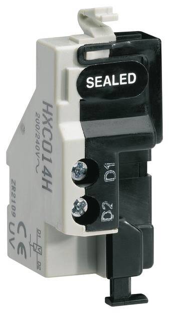 Ein elektrisches Relais im Profil mit Aufschrift 'SEALED', Spannung 200-240V, mit zwei Schraubklemmen und CE-Kennzeichnung.