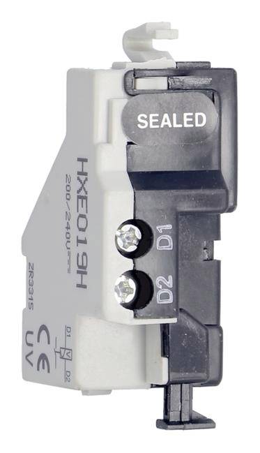 Ein Bauteil mit der Aufschrift 'HXE019H' und 'SEALED', zeigt zwei Schraubanschlüsse 'D2' und 'D1', geeignet für 200-240V.