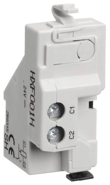Ein elektrisches Schaltgerät mit der Aufschrift 'HX001H', zwei Schraubenanschlüssen und CE-Kennzeichnung auf weißem Gehäuse.