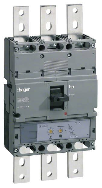 Ein elektrischer Leistungsschalter mit drei Phasen, Metallanschlüssen und Bedienelementen auf der Vorderseite.