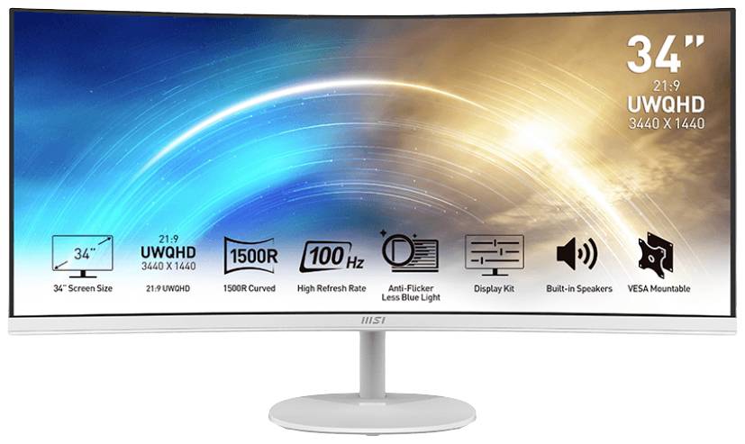 MSI PRO MP341CQWDE LED-Monitor EEK G (A - G) 86.4 cm (34 Zoll) 3440 x 1440 Pixel 21:9 1 ms DisplayPort, HDMI®, Kopfhörer (3.5 mm Klinke) VA LED